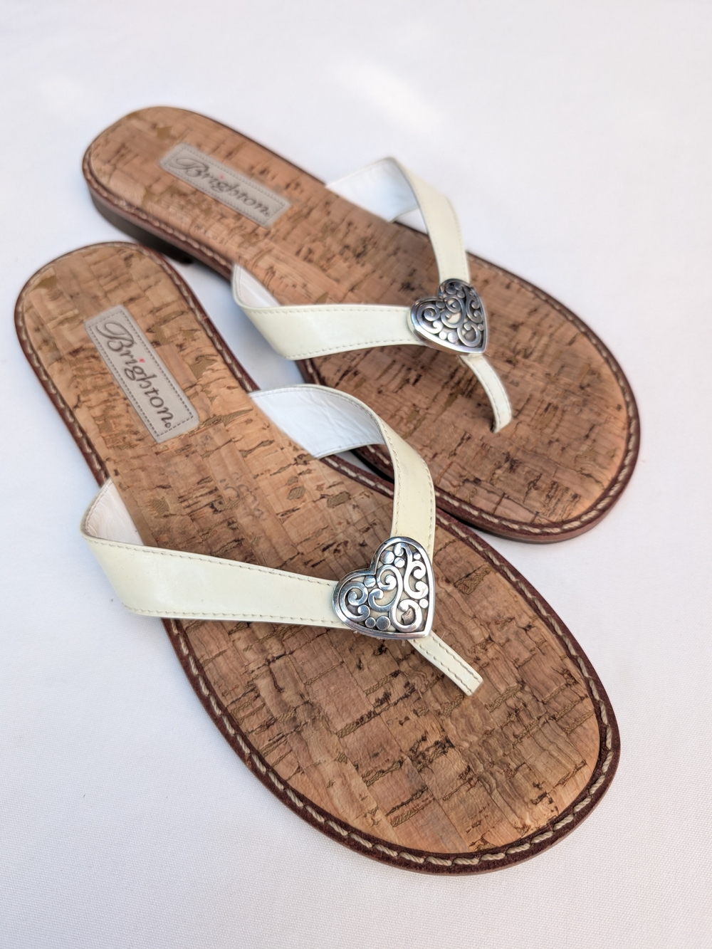 Brighton Cream Leather Heart-Embellished Cork Flip Flops